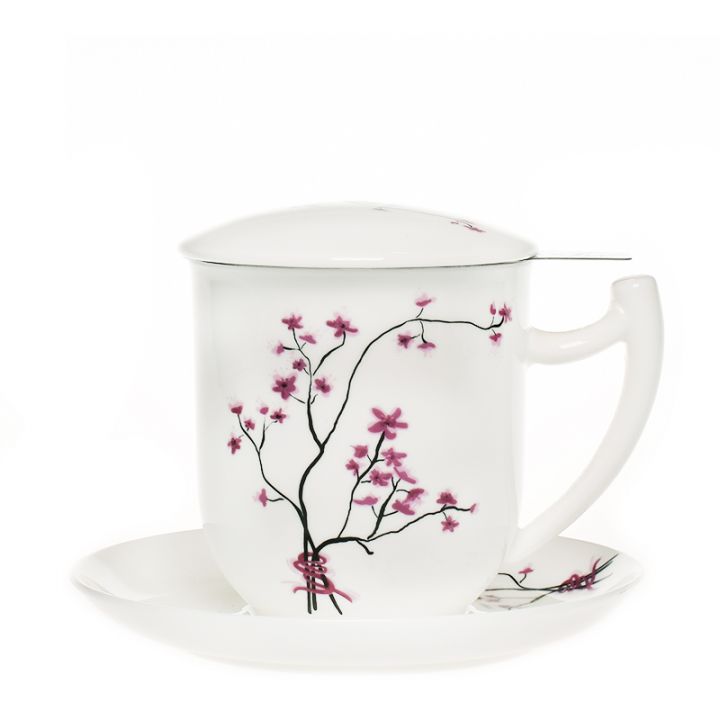 Šalica od porculana Cherry Blossom s cjedilom i tanjurićem 350ml